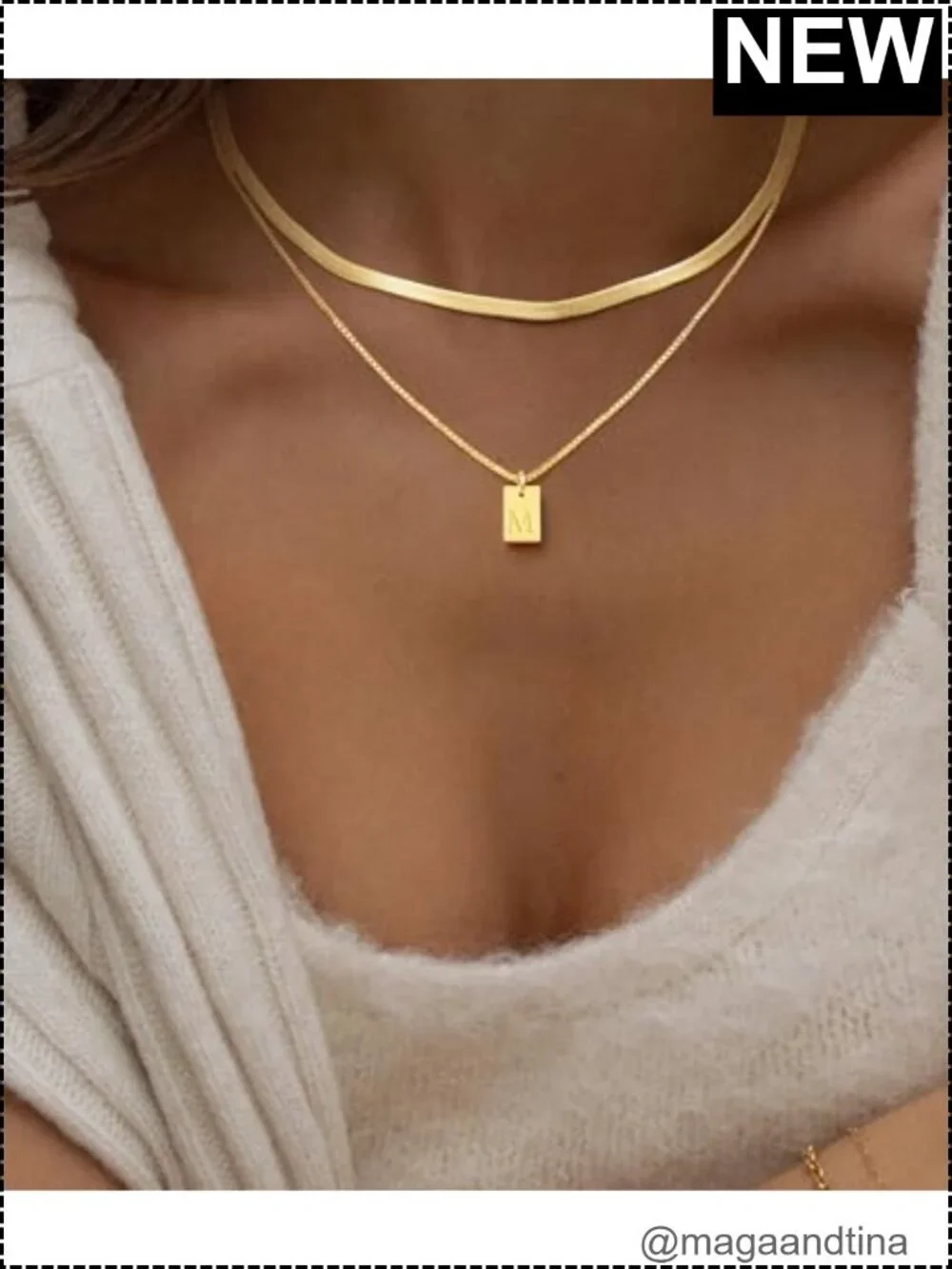 14K Gold Plated Layered Initial Necklace Set with Herringbone Chain Women